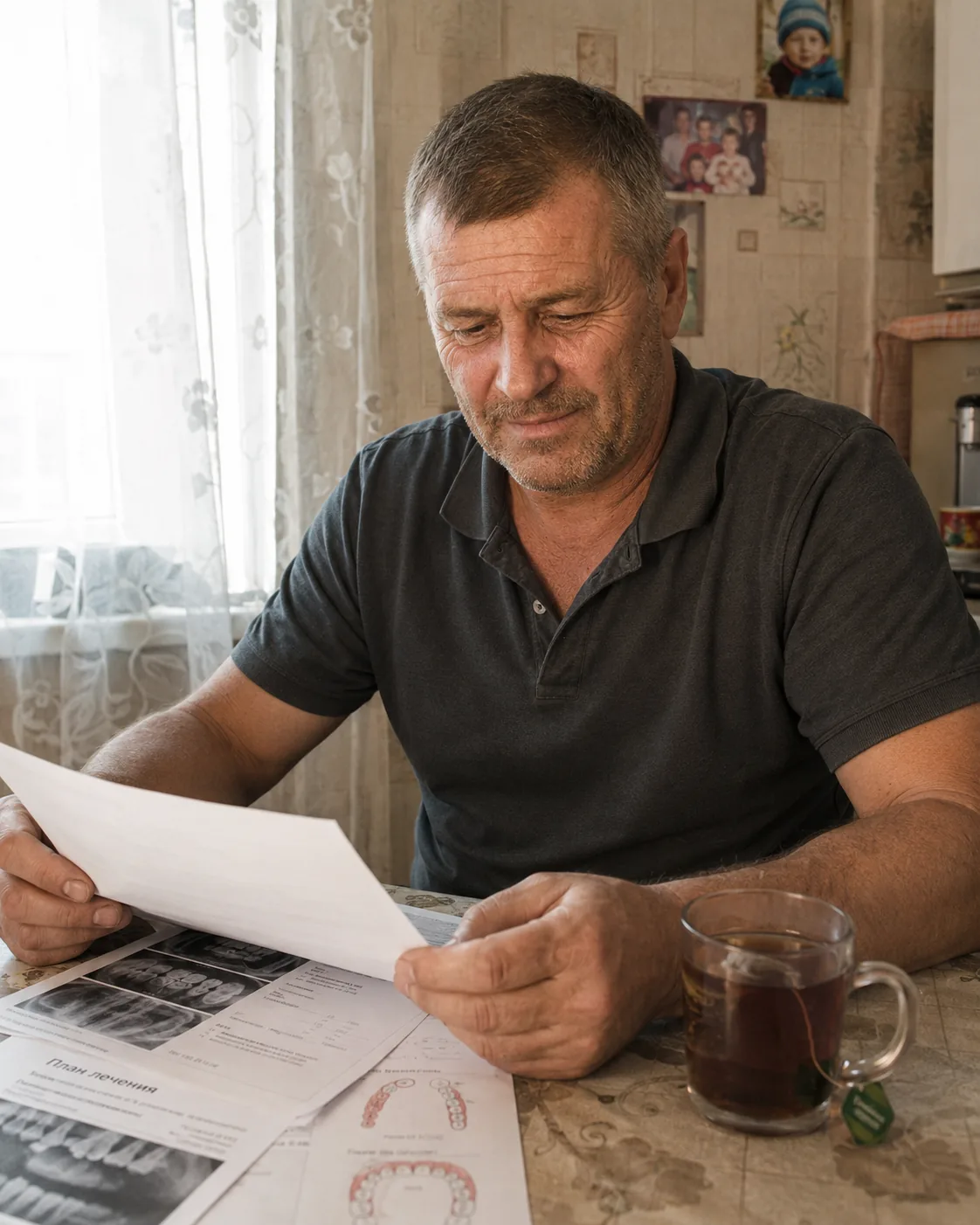 Алексей дома за столом — план лечения и чашка чая